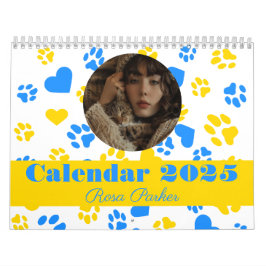 Calendário Foto personalizável e nome Paw azul e Dourado