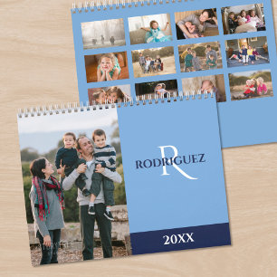 Calendário Fotografia Monograma Personalizado Espanhol Azul C