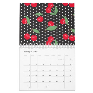 Calendário Fruta Cereja Vermelha Folhas Verdes Pontos Pretos
