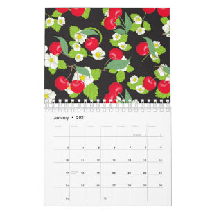 Calendário Frutas de Cereja Vermelha Folhas Verdes Lindas Flo