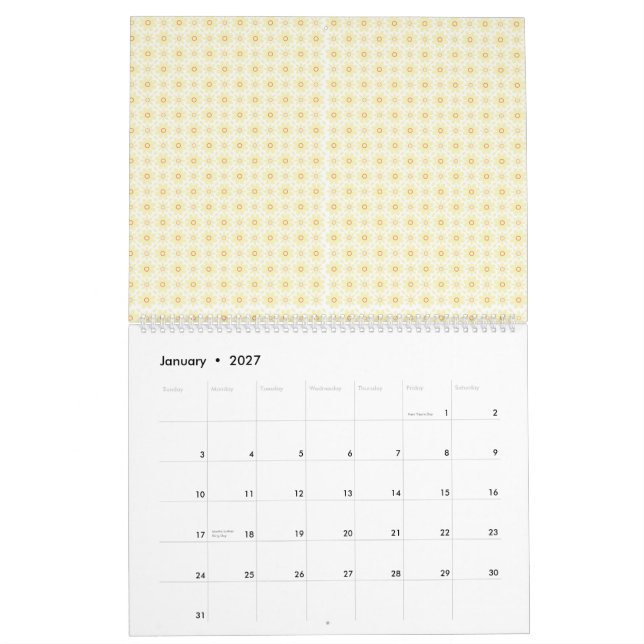 Calendário fundo amarelo e branco com pequenos círculos (Jan 2027)