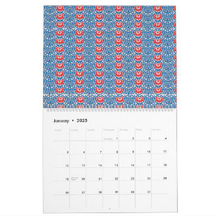 Calendário fundo azul com designs vermelhos e brancos