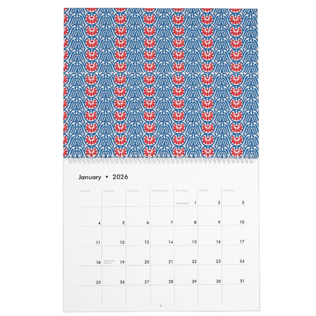 Calendário fundo azul com designs vermelhos e brancos (Jan 2026)
