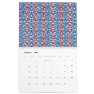 Calendário fundo azul com designs vermelhos e brancos