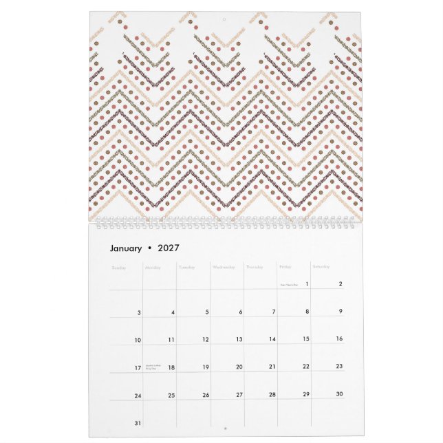 Calendário fundo branco com pontos castanhos e vermelhos (Jan 2027)