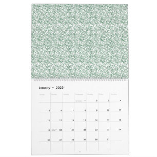 Calendário fundo verde e branco com folhas pequenas