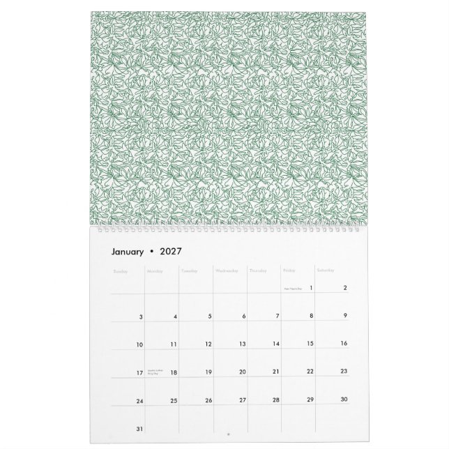 Calendário fundo verde e branco com folhas pequenas (Jan 2027)