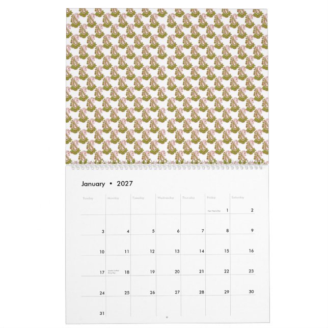 Calendário fundo verde e branco com folhas pequenas (Jan 2027)