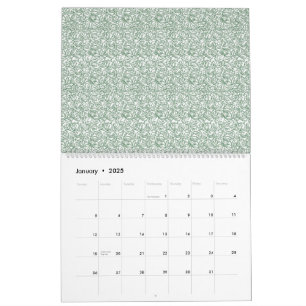 Calendário fundo verde e branco com folhas pequenas