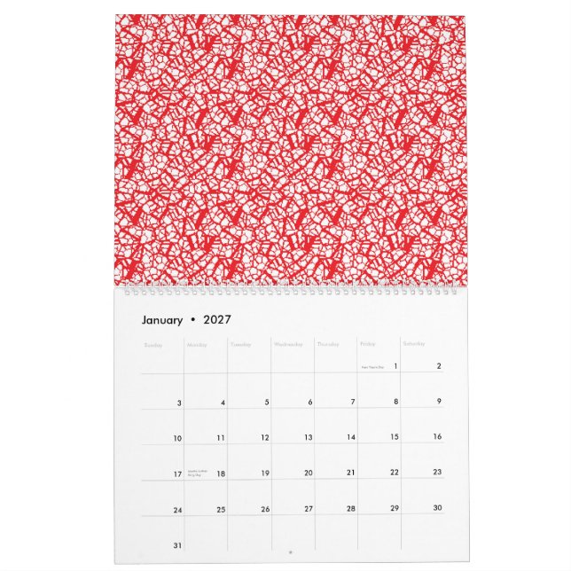 Calendário fundo vermelho e branco com pequenos pontos branco (Jan 2027)