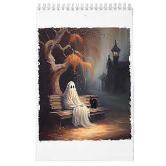 Calendário Gato Negro E Fantasma Sentados Em Bench Halloween 