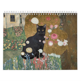Calendário Gato Preto Gustav Klimt num Jardim Flor, Arte Gato