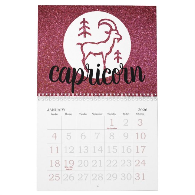 Calendário Gráfico de Astrologia Simples Zodiac Glitter Birth (Jan 2026)