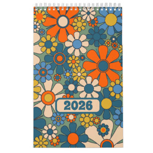 Calendário Groovy Retro 60s 70s Padrão Floral 2025