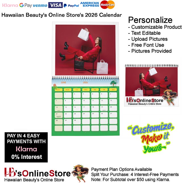Calendário Hawaiian Beauty's Online Store (HB's Online Store) (Hawaiian Beauty's Online Store (HB's Online Store) 2026 Calendar.)