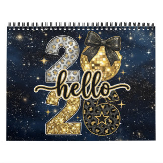 Calendário Hello 2026 Gold Glitter Chic Galaxy Calendar