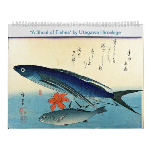 Calendário Hiroshige é um cardume de peixes Impressão japonê
