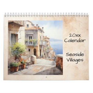 Calendário Ilustração de Aldeias à Beira-Mar Aquarela
