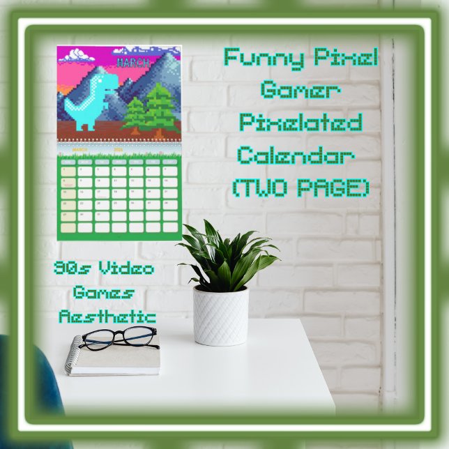 Calendário Ilustração de Dinossauro Pixelada - Funny Pixel Ga (Funny Pixel Gamer Pixelated- Dinosaur Illustration (Two Page) Calendar Style Colorful Seasons; )