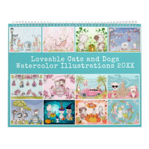 Calendário Ilustrações Adoráveis De Aquarela De "Gatos e Cães