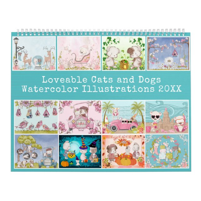 Calendário Ilustrações Adoráveis De Aquarela De "Gatos e Cães (Capa)