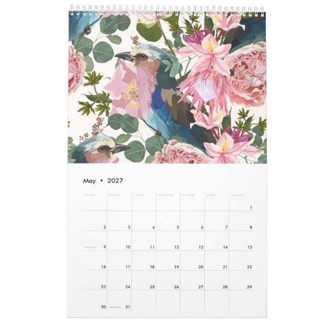 Calendário Ilustrações de flores tropicais, plantas, aves. (Maio 2027)