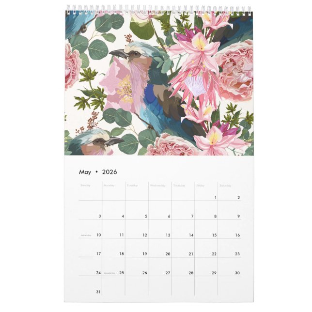 Calendário Ilustrações de flores tropicais, plantas, aves. (Maio 2026)