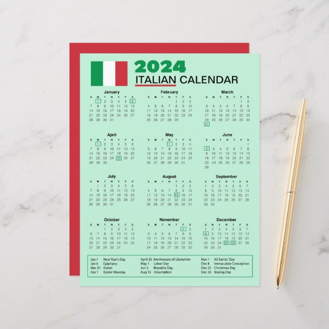 Calendário italiano de 2024 com feriados | Calendá (Frente/Verso In Situ)