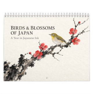 Calendário Japanese Birds and Blossoms Sumi-e Ink Art