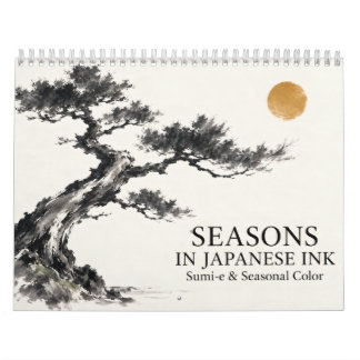 Calendário Japanese Sumi-e Ink Art Through the Seasons