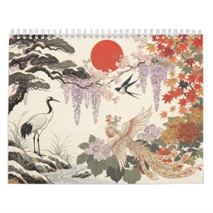 Calendário Japonês de Parede Hanafuda Pássaros & F