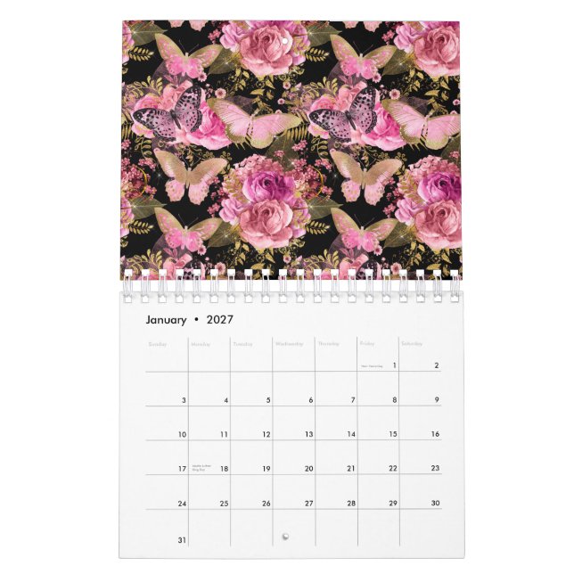 Calendário Jardim Floral de Rosas Borboleta Flor Cute Estétic (Jan 2027)