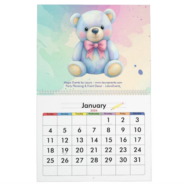 Calendário Kids Party Planner Pastel Teddy Bear Logotipo QR (Jan 2026)