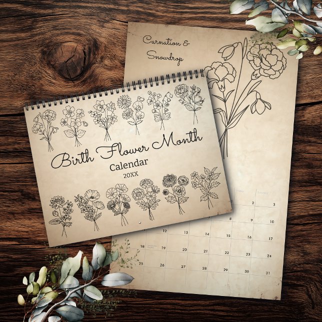 Calendário Kraft Boho Flor do Mês de Nascimento (Criador carregado)