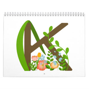 Calendário Letra maiúscula K monograma floral