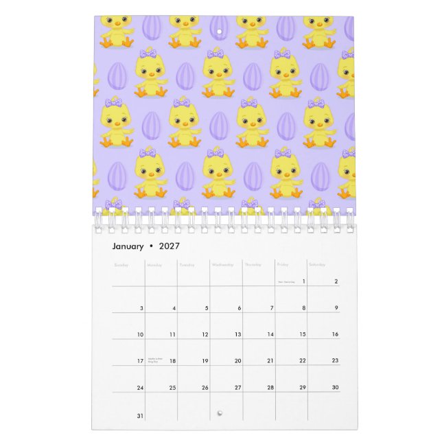 Calendário Lindo Amarelo Roxo Frango Padrão Páscoa (Jan 2027)