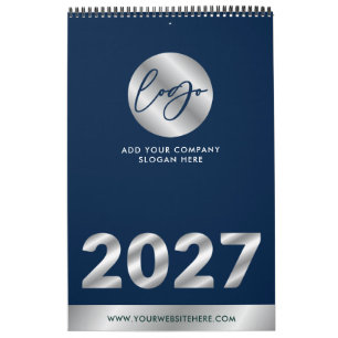 Calendário Logotipo da Empresa Azul Marinho e Prata Promocion