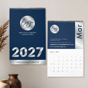Calendário Logotipo da Empresa Azul Marinho e Prata Promocion