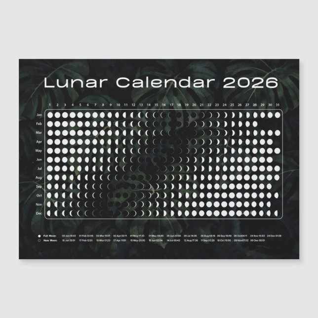 Calendário Lunar 2026 Gráfico das Fases da Lua (Frente)