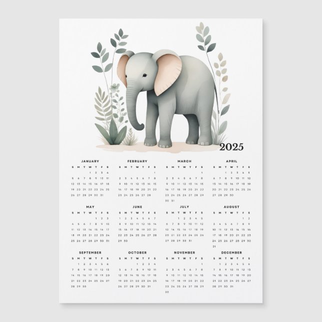 Calendário Magnético 2025 do Boho Elephant Minimal (Frente)
