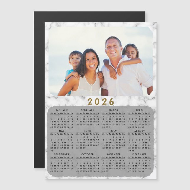 Calendário Magnético 2026 mármore branco sua foto (Frente/Verso)