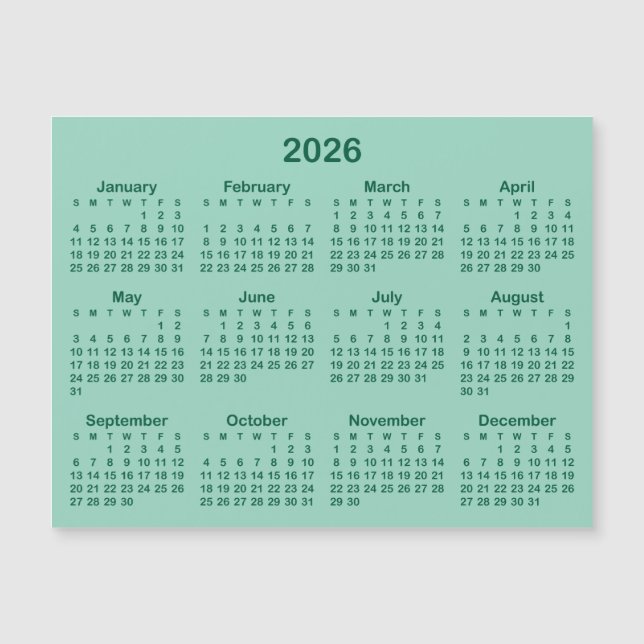 Calendário Magnético 2026, Verde Leve e Caçador (Frente)