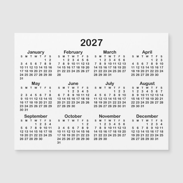Calendário Magnético 2027 Preto Minimalista (Frente)