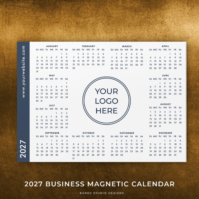 Calendário Magnético Azul e Branco de Negócios 202 (Add your own logo and custom text to this magnetic card.)