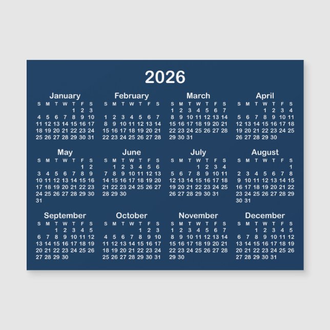 Calendário Magnético Azul Marinho e Branco 2026 (Frente)