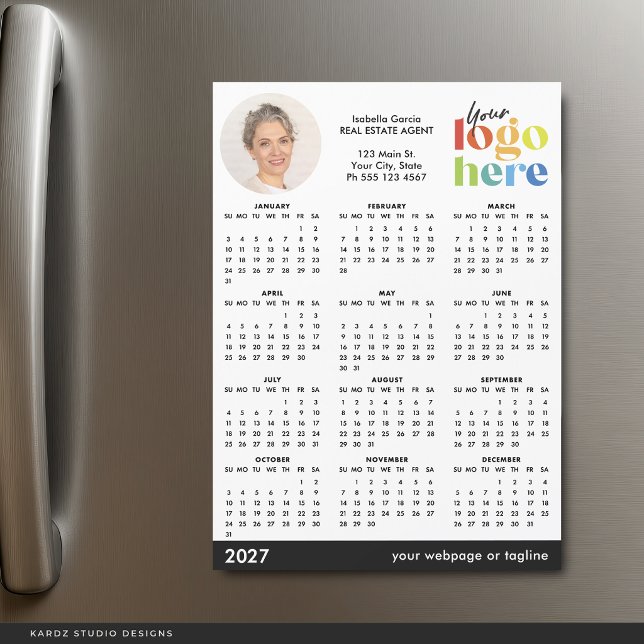 Calendário Magnético Básico Moderno de Foto Logo 2 (Add your own photo, Name, Contact Information and business logo to this calendar card)