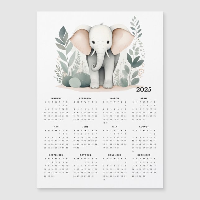 Calendário Magnético Boho 2025, Elefante Minimalis (Frente)