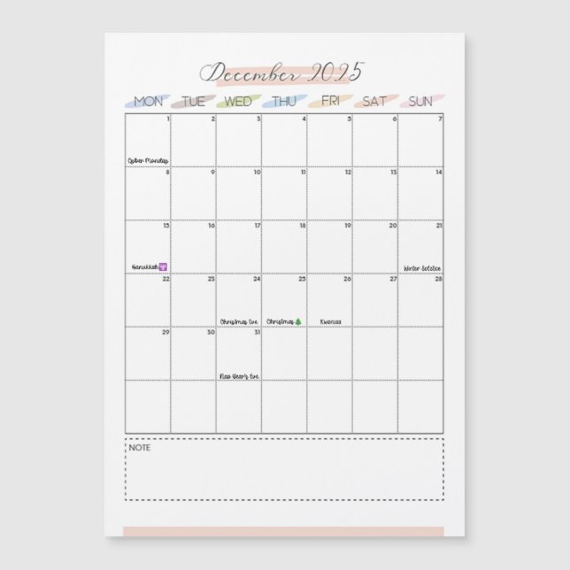 Calendário Magnético de dezembro de 2025 (Frente)