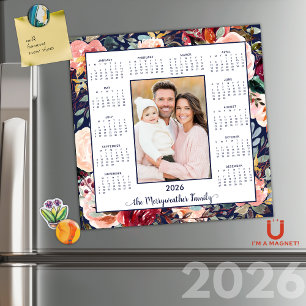 Calendário Magnético de Foto Floral Azul Elegante