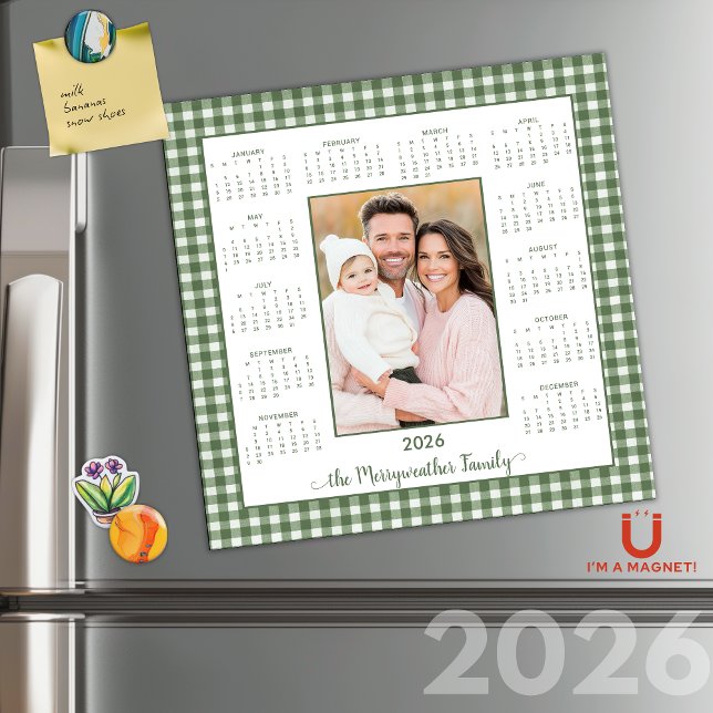 Calendário Magnético de Foto Gingham Verde Russo 2 (2026 Rustic Sage Green Gingham Photo Magnetic Calendar #cottagecore)